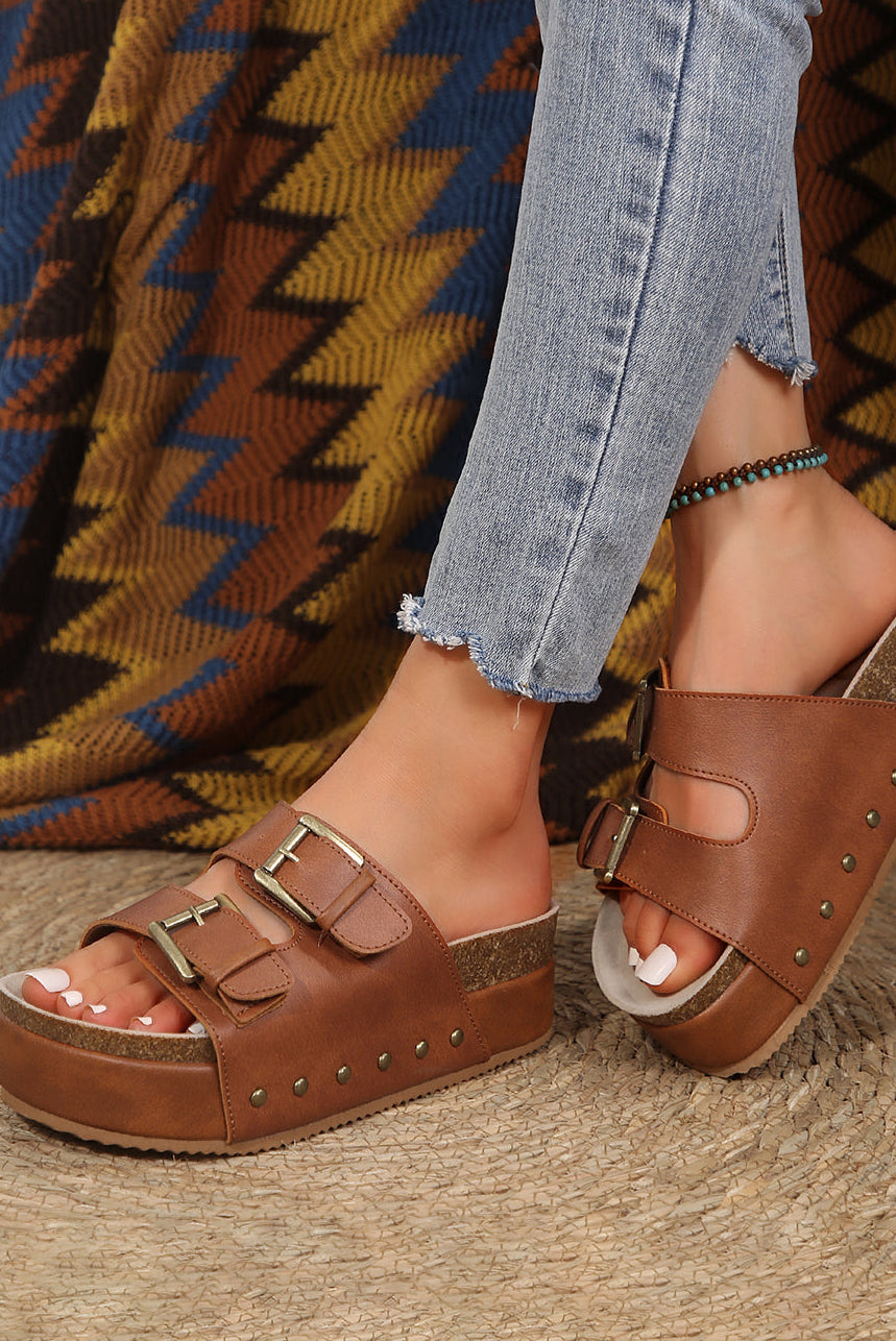 Dual Buckle Studded Platform Sandal Slippers